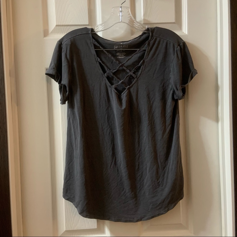 AEO Grey Soft & Sexy Strappy V Neck Tee Small - Picture 1 of 8